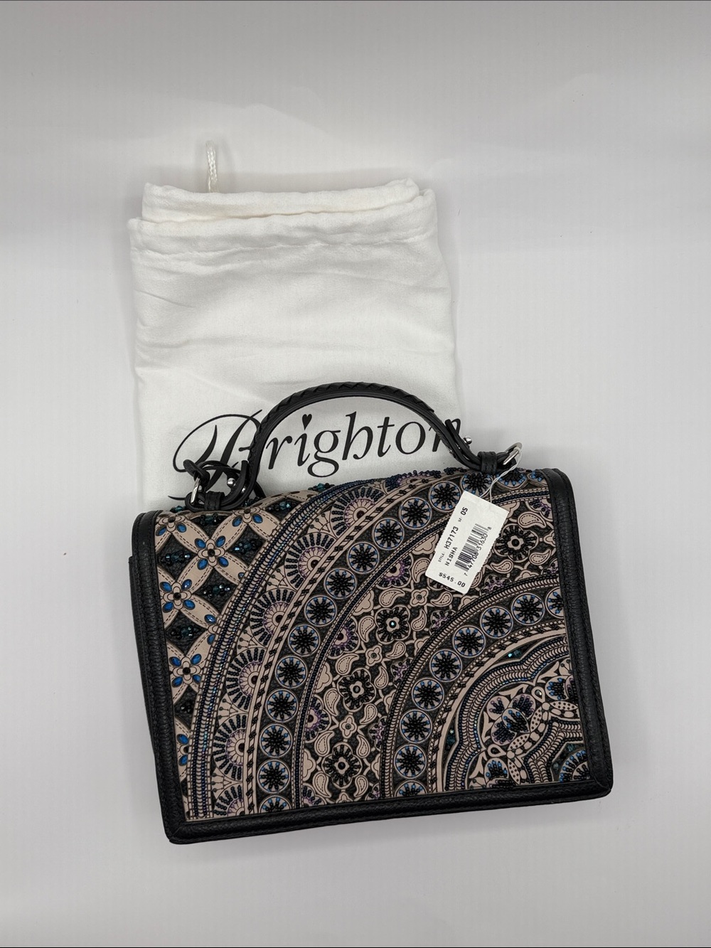 Retired Brighton Nisha NWT Hand stitched Blue,Black & Beige Embroidered